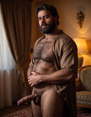 Un hombre árabe maduro de 50 años, musculoso y varonil, con una barba y bigote espesos, y un cuerpo cubierto de vello, viste un traje tradicional árabe desabrochado, revelando su pecho velludo. Su mirada es intensa y dominante. Está de pie en una habitación lujosa con alfombras y cortinas de seda, bañado en una iluminación cálida y sensual. Su pene erecto, peludo y lleno de venas, mide 40 cm de longitud y 8 cm de diámetro, y está a punto de eyacular. Con las manos en la parte inferior del abdomen, rodea su pene para masturbarse, destacando su excitación y placer. La imagen es hiperrealista, con detalles de alta calidad, y muestra claramente la textura del vello, la seda y la carne, creando una atmósfera sensual y erótica. Está de espaldas enseñando su culo