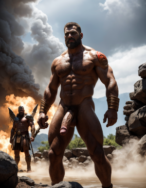 Ares Dios de la guerra, representa el instinto más puro y visceral de la guerra, es la violencia en su máxima expresión. Es fundador de la ciudad de Tebas, donde habitan los espartanos. Rodeado de guerreros desnudos. Tiene un pene grande y largo. Tiene testículos redondos y anchos y grandes. Tiene sandalias negras en los pies. Tiene barba grande y larga, está sucio. Tiene pezones muy grandes y largos. Sale un chorro de leche de los pezones de sus tetas.