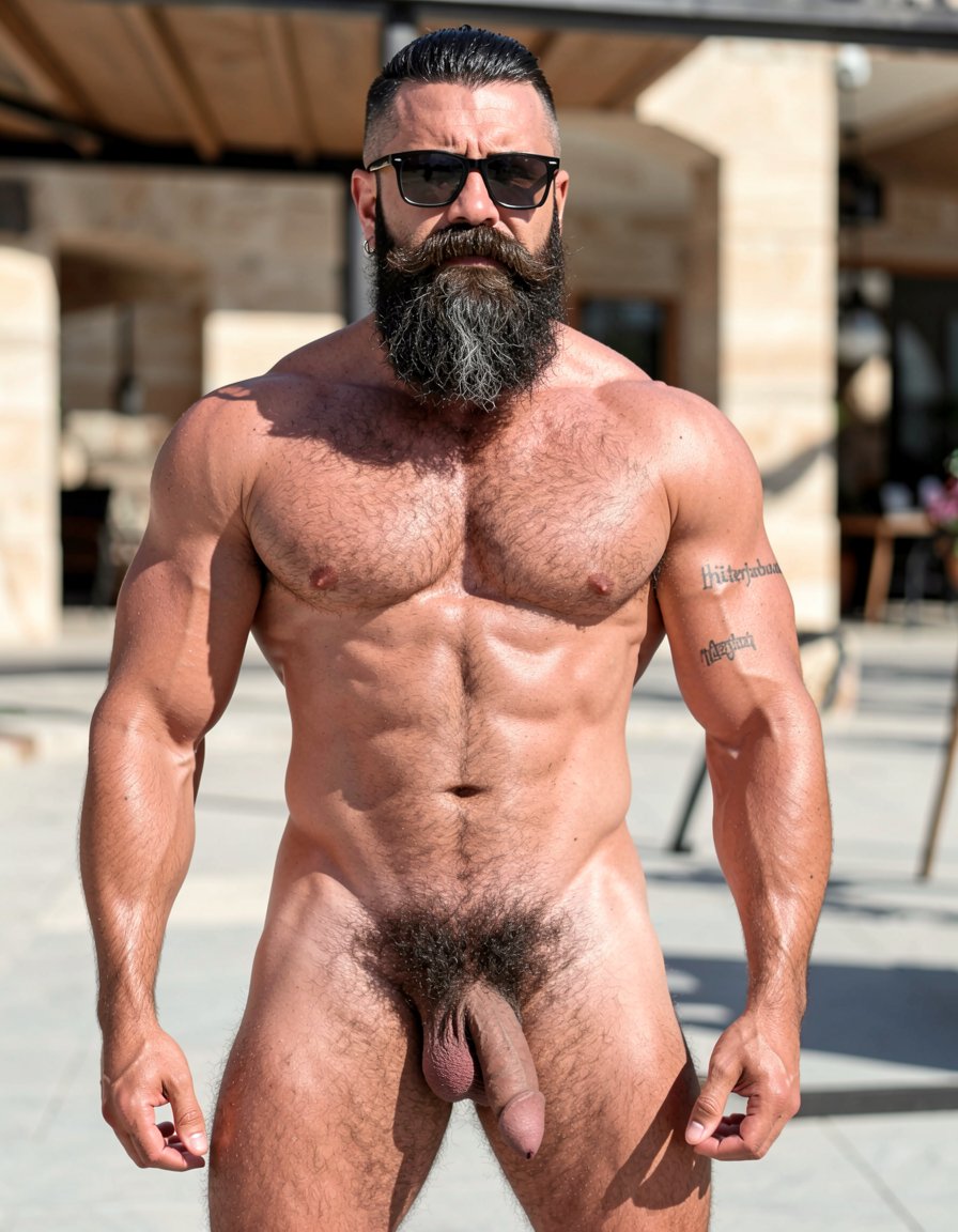 Hipsterbarba. Yo soy Hipsterbarba, tengo 40 años, mido 1,80 m y peso 80 kg con un 8% de grasa corporal. Soy un muscle bear maduro, seco y extremadamente definido. Mi cuerpo es puro músculo magro: hombros anchos y redondeados, pectorales grandes y separados, un six-pack completamente seco y potente con abdominales marcados como bloques de piedra, oblicuos muy visibles y una profunda línea alba que baja por el centro. Mi espalda forma una V brutal, los brazos están muy vascularizados, con bíceps y tríceps bien desarrollados, y las piernas son gruesas y potentes, con cuádriceps, isquiotibiales, aductores y gemelos perfectamente definidos.
Mi piel es morena clara, bronceada por el sol de Almería. Tengo vello corporal negro y denso: mi pecho está completamente cubierto de pelo oscuro que se concentra más en el centro, una línea alba visible y un trail grueso que baja desde el ombligo hasta un pubis espeso y salvaje. Mis hombros, la espalda, el culo y los muslos también están llenos de vello negro.
llevo una barba Bandholz larguísima, espesa y negra con alguna cana, perfectamente cuidada, que me llega casi hasta el ombligo. Mi bigote es poblado, con los extremos más largos que el centro, peinados hacia los lados y curvados hacia arriba en forma de espiral elegante. Mi pelo de la cabeza lo llevo en un high fade undercut muy limpio, con la parte de arriba peinada hacia arriba.
Tengo una mandíbula fuerte y cuadrada, gafas de pasta negra que me dan ese toque hipster, y un pequeño tatuaje en letras negras en la región braquial del brazo derecho que pone exactamente “hipsterbarba” (sin S final).
Mi polla es gruesa, unos 22 cm en reposo, con prepucio parcial que deja ver parte del glande rosado, y unos huevos grandes, pesados y peludos que cuelgan bastante bajos.


