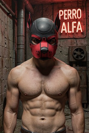 Hombre musculoso y sin camiseta posando de frente en un entorno industrial oscuro, con torso definido, abdominales marcados, hombros anchos y expresión oculta tras una máscara de perro de cuero negro y rojo con hocico, orejas puntiagudas y aberturas para los ojos. La escena tiene una estética fetichista y dominante, reforzada por el letrero de neón rojo que dice “PERRO ALFA” sobre una pared de ladrillo, junto a tuberías metálicas, cemento desgastado y una rejilla de ventilación. La iluminación dramática resalta la piel, la musculatura y el contraste entre el arnés visual de la máscara, el ambiente subterráneo y la atmósfera de club privado o mazmorra urbana.