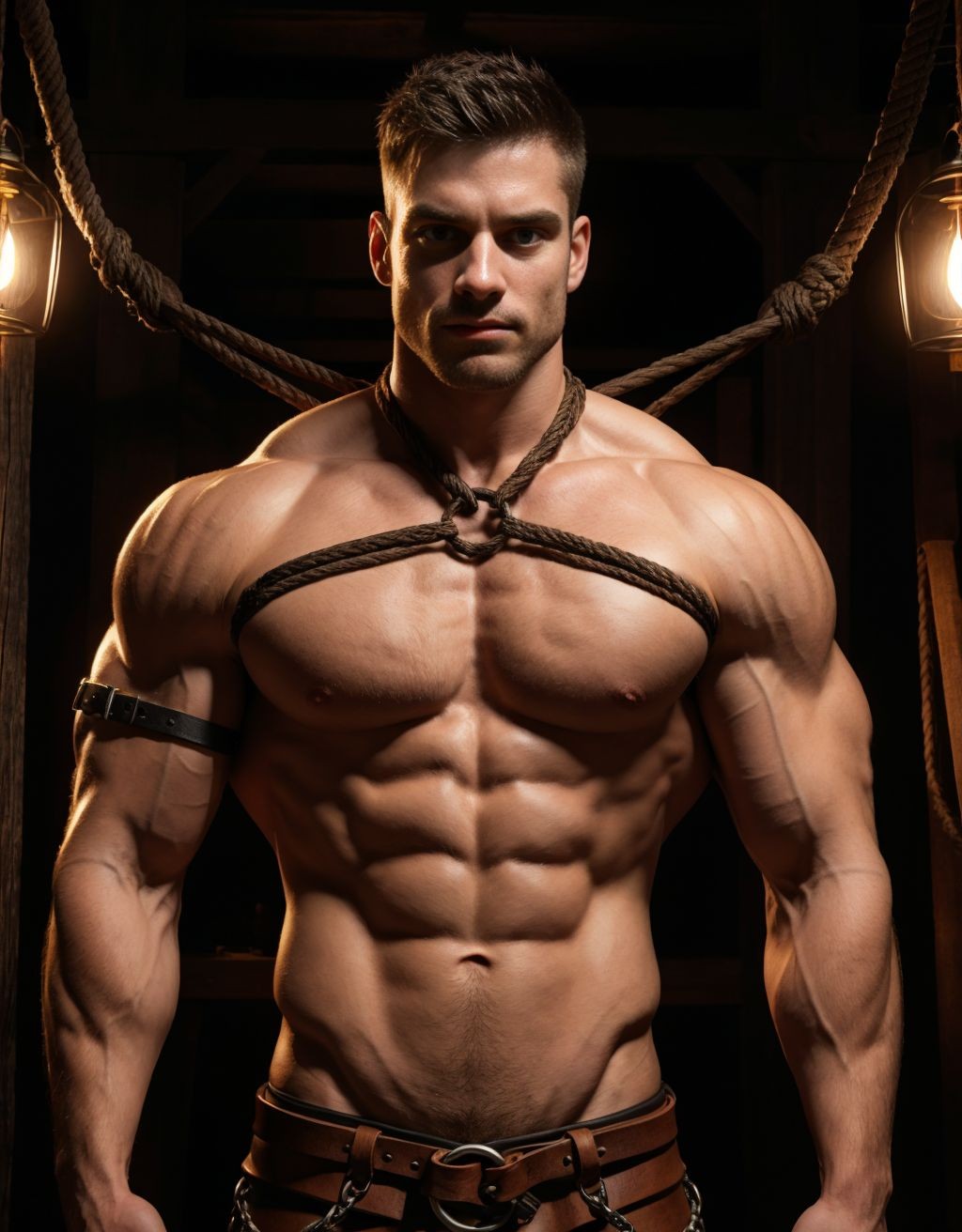Hombre musculoso con arnés de cuero, atado con cuerdas y nudos intricados a una cruz de madera oscura, torso desnudo, expresión de sumisión, iluminación tenue con sombras profundas, texturas realistas de la madera y la piel.