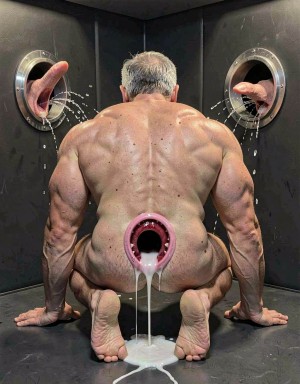 Un hombre desnudo y musculoso aparece agachado de espaldas en una habitación oscura, apoyando las manos en el suelo y mostrando la espalda ancha, los hombros marcados, las piernas flexionadas y los pies descalzos. En el centro de sus nalgas hay un orificio anal muy dilatado, rodeado por un borde rosado, del que cae abundante semen blanco hasta formar un charco en el suelo. A ambos lados, dos penes salen a través de aberturas circulares metálicas en la pared negra y eyaculan hacia el interior de la escena, dejando salpicaduras visibles sobre las superficies. La composición tiene un tono fetichista, explícito y surrealista, con iluminación dura que resalta la piel, los fluidos corporales y el contraste industrial del entorno.