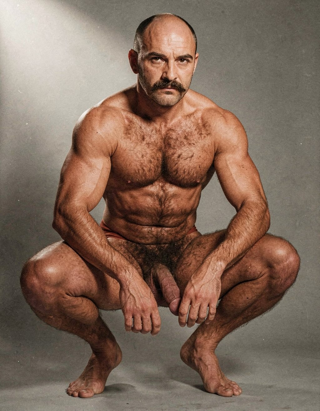 Hombre desnudo, musculoso y con abundante vello corporal, posa en cuclillas sobre un fondo gris de estudio, con las piernas abiertas, los brazos apoyados hacia delante y las manos relajadas entre las rodillas. Tiene la cabeza parcialmente calva, bigote oscuro y una expresión seria e intensa mirando directamente a la cámara. La iluminación lateral resalta la definición de los pectorales, abdominales, hombros, brazos y muslos, marcando una anatomía atlética y robusta. El pene queda visible entre las piernas, integrado en una pose frontal de desnudo artístico, sobria y directa, con composición centrada y tono fotográfico clásico.