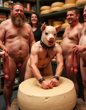Chico joven de 21 añosdesnudo delgado a cuatro patas sobre un queso holandes enorme con una mascara de cerdo de cuero, un collar de cuero al cuello y pinzas con cadenita colgando de los pezones, rodeado de un grupo de hombres maduros desnudos con barriga y pollas grandes y gruesas en ereccion que sostienen en sus manos salchichones y salamis rojos largos y gruesos. La escena transcurre en una tienda de quesos. Al fondo una mujer se rie mirando la escena transcurre en Una charcuteria
