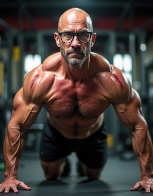Hombre musculoso de unos 40 años en el gym, es calvo, con gafas, sudado, tene varios cortes en torso y brazos. A cuatro patas en el gimnasio
