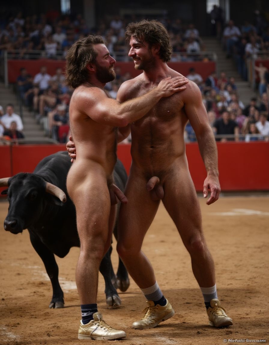 Un torero español musculoso y velludo de 50 años, con torso atlético y marcado, se muestra completamente desnudo, destacando su pene de 30 cm de longitud y 5 cm de grosor, perfectamente formado y rodeado de un denso vello púbico castaño oscuro. Sus testículos, perfectamente formados, cuelgan de forma prominente. La piel bronceada y sudorosa resalta su musculatura definida, con pectorales y abdominales bien marcados y sin grasa. El cabello largo y castaño oscuro está despeinado y sudoroso, con gotas de sudor resbalando por su frente y mejillas. Una barba incipiente y un vello corporal denso que se extiende por su pecho, piernas y brazos completan su apariencia viril. Lleva zapatillas doradas en sus pies.

A su lado, un hombre musculoso y velludo de 30 años, completamente desnudo, muestra un pene de 30 cm de longitud y 7 cm de grosor, hermoso y perfecto, rodeado de un denso vello púbico pelirrojo. Su piel bronceada y sudorosa muestra una musculatura definida, con pectorales y abdominales muy marcados. Tiene cabello pelirrojo despeinado y sudoroso. Tiene una barba pelirroja densa pero bien recortada. El vello corporal pelirrojo denso cubre su pecho, y tiene mucho vello pelirrojo en sus piernas y brazos, lo que realza su apariencia masculina y atlética. Están en la plaza de toros con un toro salvaje. Se aman

Ambos hombres se encuentran en una plaza de toros, con sombras que resaltan su musculatura y vello corporal, creando un ambiente sensual y cargado de tensión. Están en pleno acto de pasión, con sus penes erectos y testículos prominentes ,destacando su musculatura, vello corporal y atributos viriles en una imagen impactante y llena de energía. La escena está llena de sensualidad y poder, con los dos hombres como protagonistas, en un ambiente cargado de pasión y erotismo. La imagen es híper realista, con detalles de alta calidad, y muestra la unión de los dos hombres en un acto de pasión y dominio, con sus cuerpos musculosos y velludos completamente desnudos y visibles, mostrando su excitación y pasión en cada detalle. Tienen sus penes erectos. Están totalmente desnudos. Tienen un pene de 40 cm de longitud y 7 cm de diámetro. Son felices y sonríen. Amor. Se abrazan por la cintura con fuerza y pasión, están muy juntos. Sexo fuerte.