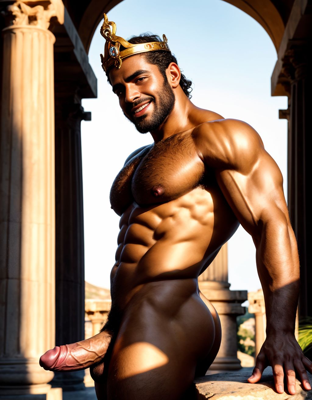 Hombre griego desnudo, sonriente, corona de oro y diamantes Tiene un pene perfecto y grande. Tiene testículos perfectos y peludos y son visibles. Está inclinado, enseñando ano. Está mirando hacia atrás con ojos brillantes. Está entre columnas y estatuas antiguas, sol de tarde. Tiene la piel bronceada, músculos definidos, sensual, apasionado y erótico, con un toque de luz dorada resaltando su anatomía. Tiene testículos grandes perfectos redondos y muy bonitos. Tiene cuerpo perfecto. Está de espalda y enseña su ano perfecto. Enseña su testículos grandes y redondos llenos de vello. Está inclinado para enseñar el ano abierto y sus testículos redondos y peludos.