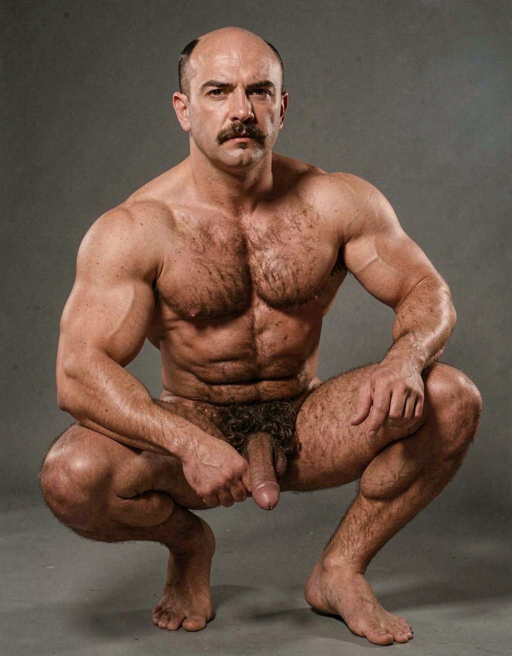 Mike Morris, a 32-year-old extremely lean Caucasian male with only 8% body fat, stands completely naked in a strict military attention pose captured in a full-body three-quarter view at a slight 45-degree angle. The shot runs from the tips of his size 44 slightly hairy feet all the way up to the top of his bald head, showing his entire body without any cropping. His physique is dry, vascular and powerfully defined: massive square pectorals covered in dense dark brown chest hair forming a thick T-pattern, sharply carved six-pack abs, narrow waist, wide flaring lats, and thick muscular thighs with dense dark hair. Dramatic directional studio lighting falls from high and slightly to the left, creating bright highlights on his tanned skin, the texture of his dense body hair across his chest, lower back and legs, and deep shadows that accentuate every muscle separation and vein. His advanced Norwood III-IV bald scalp is clearly visible, with short dense dark brown hair only on the sides and back of his head. His square, angular face with prominent jaw, thick dark handlebar mustache, heavy brows and intense deep-set brown eyes stares straight ahead with a serious, commanding expression. His penis is fully visible, completely natural and realistic: thick, 24 cm long when erect, with natural upward curve, prominent veins along the shaft, long foreskin that partially covers the pink-red glans, and realistic skin texture noticeably lighter than his bronzed body. Below it hang his large, low-hanging testicles with wrinkled darker skin and dense dark brown hair. The extremely thick, curly dark brown pubic bush climbs almost to his navel and spreads generously around the base of his cock and balls. Every detail from his veined hands and forearms to his diamond calves and hairy toes is perfectly proportioned and anatomically correct. Photorealistic, high-contrast, masculine 1970s Colt Studio aesthetic with subtle grainy film texture. . Está agachado. 