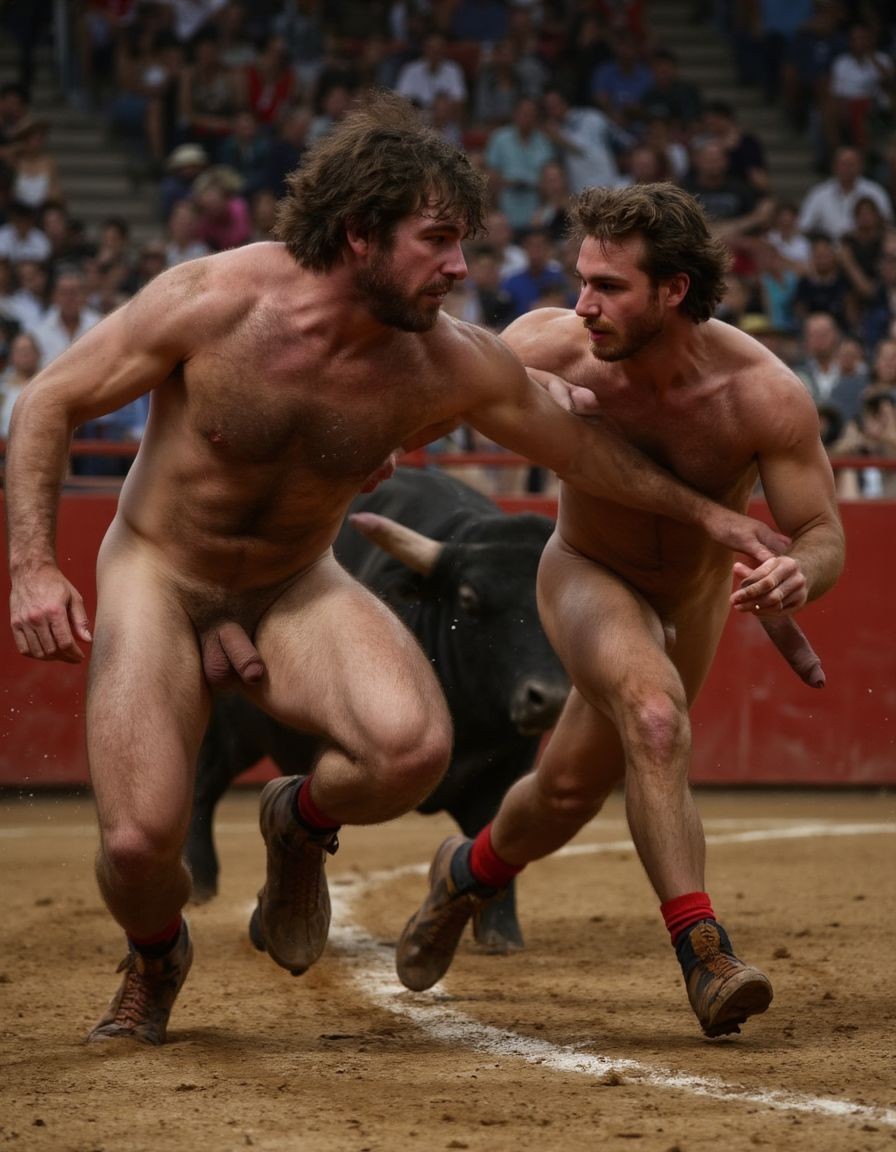 Un torero español musculoso y velludo de 50 años, con torso atlético y marcado, se muestra completamente desnudo, destacando su pene de 30 cm de longitud y 5 cm de grosor, perfectamente formado y rodeado de un denso vello púbico castaño oscuro. Sus testículos, perfectamente formados, cuelgan de forma prominente. La piel bronceada y sudorosa resalta su musculatura definida, con pectorales y abdominales bien marcados y sin grasa. El cabello largo y castaño oscuro está despeinado y sudoroso, con gotas de sudor resbalando por su frente y mejillas. Una barba incipiente y un vello corporal denso que se extiende por su pecho, piernas y brazos completan su apariencia viril. Lleva sandalias marrones en sus pies.

A su lado, un hombre musculoso y velludo de 30 años, completamente desnudo, muestra un pene erecto de 30 cm de longitud y 4 cm de grosor, hermoso y perfecto, rodeado de un denso vello púbico pelirrojo. Su piel bronceada y sudorosa muestra una musculatura definida, con pectorales y abdominales muy marcados. Tiene cabello pelirrojo despeinado y sudoroso. Tiene una barba pelirroja densa pero bien recortada. El vello corporal pelirrojo denso cubre su pecho, y tiene mucho vello pelirrojo en sus piernas y brazos, lo que realza su apariencia masculina y atlética. Están corriendo en la plaza de toros con un toro

Ambos hombres se encuentran en una plaza de toros, con sombras que resaltan su musculatura y vello corporal, creando un ambiente sensual y cargado de tensión. Están en pleno acto de pasión, con sus penes erectos y testículos prominentes ,destacando su musculatura, vello corporal y atributos viriles en una imagen impactante y llena de energía. La escena está llena de sensualidad y poder, con los dos hombres como protagonistas, en un ambiente cargado de pasión y erotismo. La imagen es híper realista, con detalles de alta calidad, y muestra la unión de los dos hombres en un acto de pasión y dominio, con sus cuerpos musculosos y velludos completamente desnudos y visibles, mostrando su excitación y pasión en cada detalle. Tienen sus penes erectos, desde la uretra del glande del pene eyaculan semen blanco lanzado en abundancia. Están totalmente desnudos. Tiene un pene de 30 cm de longitud y 5 cm de diámetro.