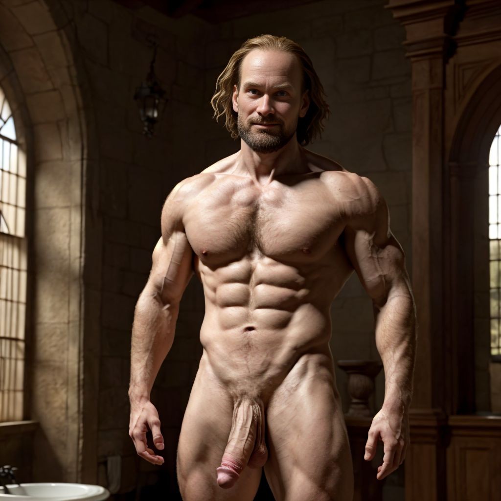 William Shakespeare desnudo. Está de pie. Está totalmente desnudo musculoso. Se ve todo su cuerpo entero. Se ve su cuerpo completo.  ((Tiene pene grande erecto)). ((Tiene los testículos grandes)). Tiene mucho vello en el cuerpo. Foto muy realista texturas 8k. 