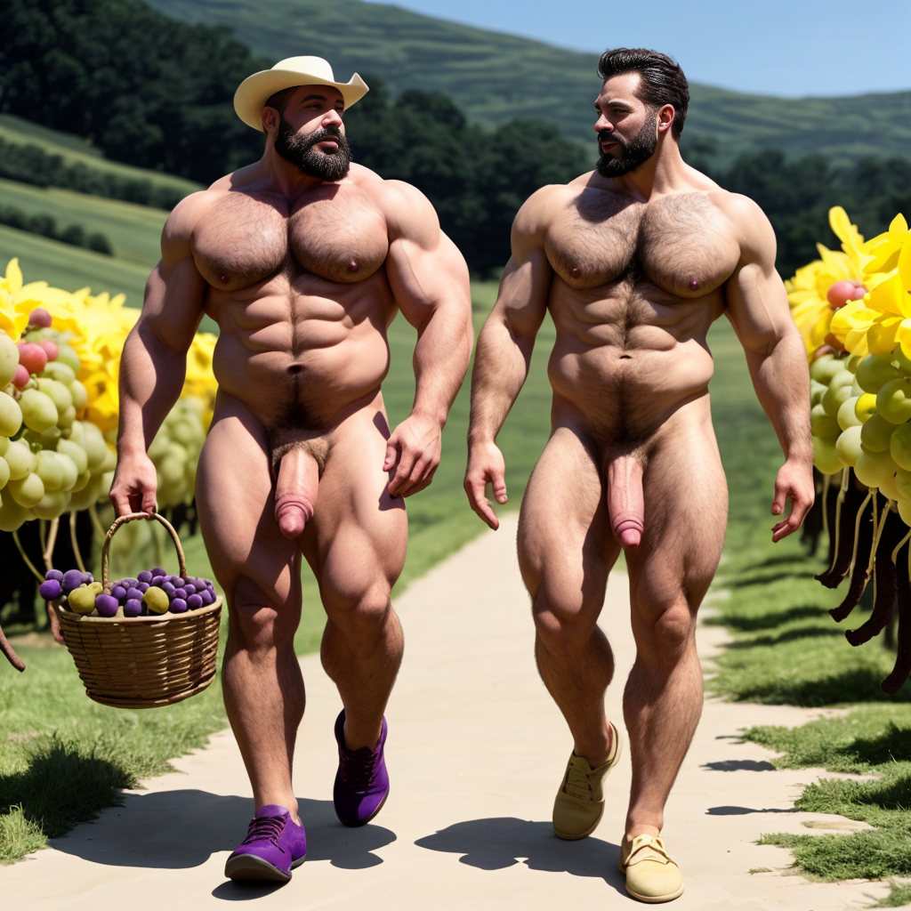 Dos hombres machos musculosos desnudos muy viriles con pene grande y testículos grandes y peludos. Caminando ⛓️ 🌞 🌞 🌞 👨🏻‍🌾 🍇 🍇  🎽 🎽 🎺🎷