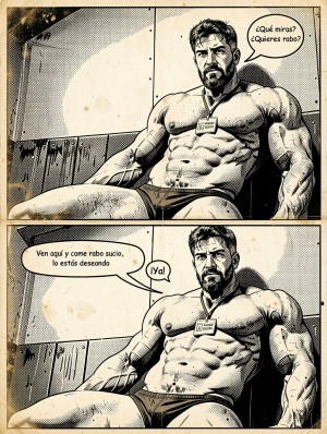 Black-and-white comic with an ink and screentone aesthetic, divided into two vertical panels, where a very muscular and bearded man appears sitting on a kind of bench or stretcher, with a bare torso, marked abs, huge arms and tight dark briefs. He wears a badge hanging around his neck and looks with a serious, defiant expression, in a sober interior setting with paneled walls. In the first panel, the speech balloon says “What are you looking at? Do you want cock?”, reinforcing a provocative and vulgar tone. In the second, he keeps the same dominant pose and adds “Come here and eat dirty cock, you’re dying for it,” while another small balloon responds “Now!”, creating a homoerotic comic scene, aggressive and explicitly suggestive, focused on hypermuscular masculinity, sexual tension and crude language.