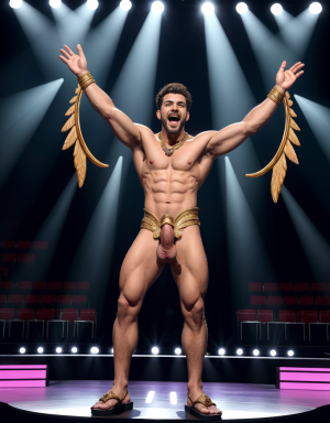 Hermes es el dios de los mensajeros, el comercio, los ladrones, y los viajeros. Tiene sandalias. Tiene un caduceo. Tiene pene grande y largo. Tiene testículos muy grandes. Está acariciando su pene con la mano izquierda. Está cantando en eurovisión con bailarines desnudos y apasionados