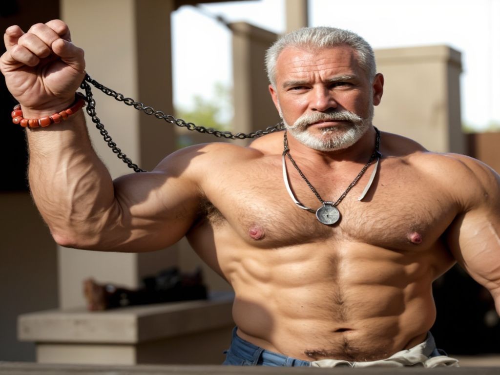 BDSM. 
Amo muy fornido de cabello cano mira con vicio mientras sujeta una cadena alzando el brazo derecho. Tiene cuerpo musculoso con abdominales y pezones marcados, un colgante al cuello, El fondo es un edificio en construcción