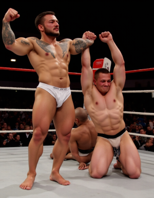 Dos boxeadores muy musculosos y con varios tatuajes grandes están en el ring, desnudos  con pequeño pantalón de boxeo,  los dos boxeadores  muestran magulladuras en la cara y labio partido, uno de ellos ha quedado derrotado sentado en el suelo y apoyado en la barra del ring con aire de derrota, demacrado, el otro es el vencedor, levanta su puño en alto en señal de victoria y pretende quitarle el pantalón para humillarlo, el público desde las gradas aplaude