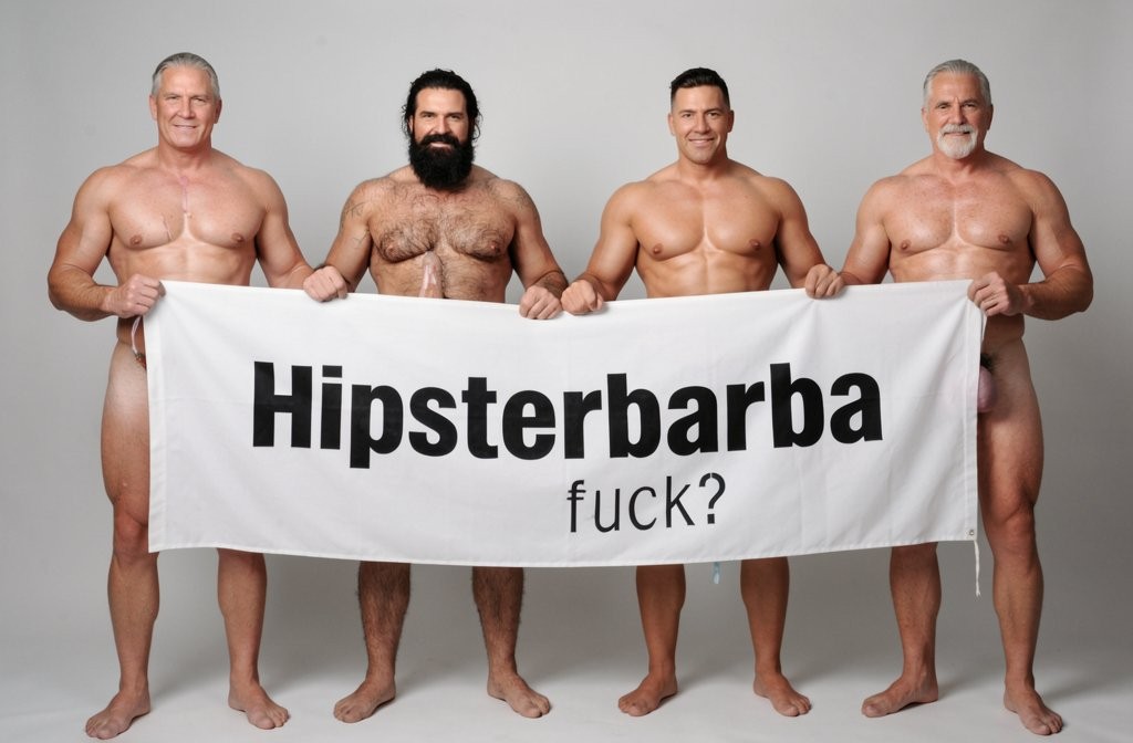 Four naked muscular men holding banner text Hipsterbarba ¿me amas? ultra high quality 8K photorealistic: El Comandante Spanish military leader 45 years short gray hair stern commanding face muscular trained body 185cm 85kg standing far left holding left edge of banner with both hands completely naked massive erect uncircumcised penis 25cm thick veiny shaft visible below banner heavy balls alpha dominant stance, Soldado Bartolo Spanish soldier 35 years thick dark full beard short hair very hairy muscular chest arms legs groin 180cm 80kg standing center-left holding banner completely naked large erect uncircumcised penis 18cm thick visible hairy balls masculine hairy build playful smirk, Superman alien superhero 195cm 100kg perfect bronzed smooth hairless skin short black hair with characteristic curl bright blue eyes massive superhuman muscles standing center-right holding banner completely naked enormous erect penis 23cm steel hard thick shaft visible smooth heavy balls god-like physique confident smile, General Rodolfo Castaños 60 years short gray military hair thick gray mustache experienced muscular body 175cm 75kg standing far right holding right edge of banner completely naked thick erect penis 20cm visible mature heavy balls military bearing knowing expression, all four men standing in horizontal row full body visible head to feet holding between them large white fabric banner at chest level with bold black letters spelling Hipsterbarba ¿follamos? question mark clearly readable professional typography banner stretched tight all four erect penises balls completely visible below banner military office background professional studio lighting 8K photorealistic resolution masterpiece quality inviting expressions.