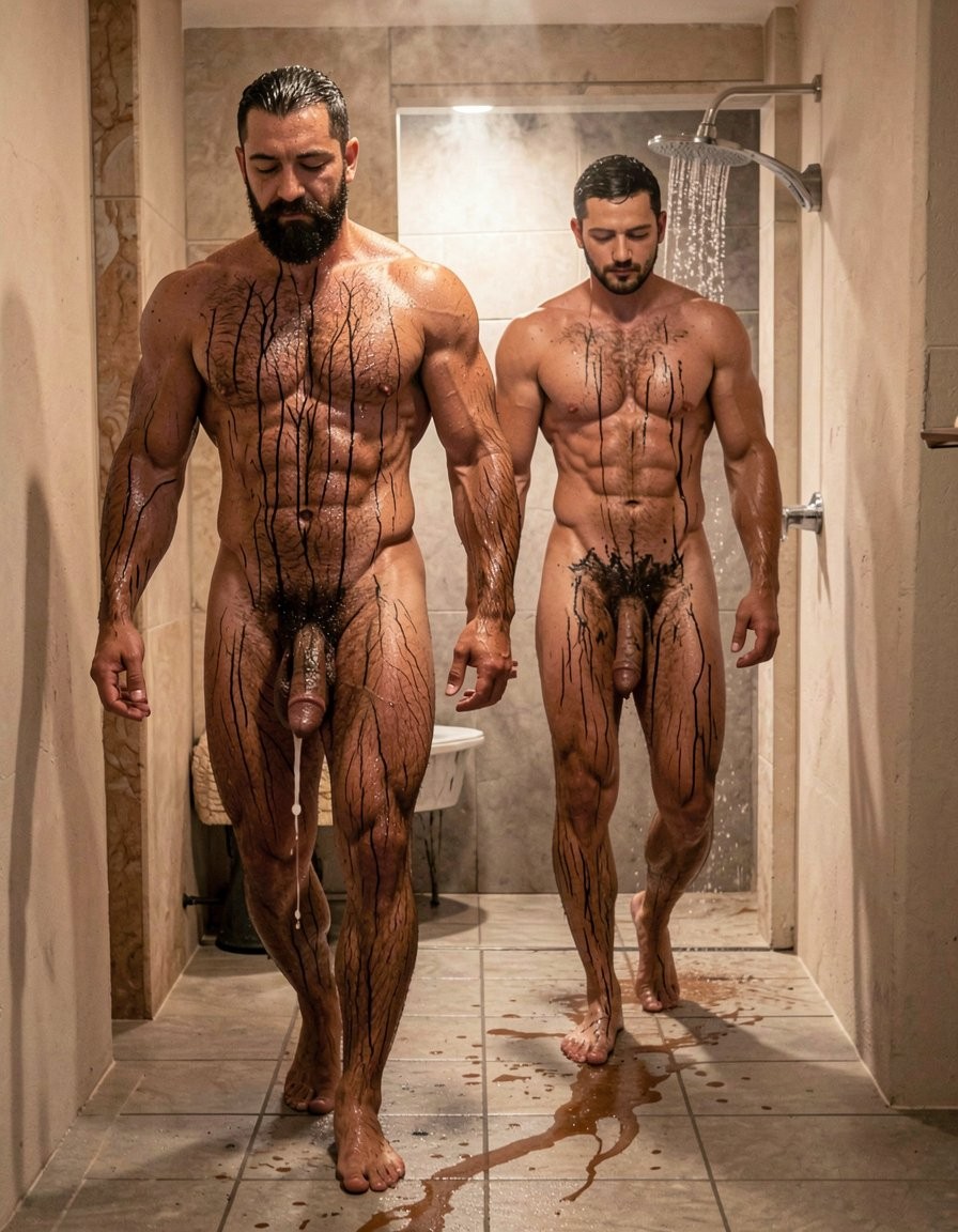 Ultra photorealistic 32k museum quality, extreme cinematic detail, perfect adult male anatomy and proportions with zero distortion or surrealism, dramatic warm side lighting inside a rustic bathroom, deep realistic shadows, hyperrealistic skin texture showing every pore, sweat, water droplets, individual black body hairs and prominent veins. Gayon Von Neumann, 45 years old, 1.85m, 82kg, 4% body fat, brutally muscular and dry with thick veins and mature hard muscle, is walking completely naked toward the shower, his round muscular hairy ass flexing with each step. His massive 26cm thick veined cock hangs heavy and semi-hard between his legs, still dripping thick white cum down his inner thighs. His entire hairy torso, chest, abs, mustache and face are covered in fresh thick cum. Elfo, a clear 35 year old adult man, walks right behind him, also completely naked, his body equally covered in cum that runs down his chest, cock and legs, leaving a trail of semen on the floor. Both men are walking away from the camera toward the open shower, water already running and steam starting to rise. Hyper detailed realistic cum texture, sweat, matted wet black body hair, water droplets, maximum muscle definition and skin texture on both men, both explicitly adult with correct ages, absolute photorealism, no deformation, no surrealism.