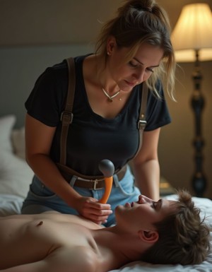 A middle-aged woman with a curvy figure, wearing casual clothes such as a pair of high-waisted jeans and a comfortable black t-shirt, her hair tied back in a ponytail, standing in a dominant pose. She has a harness around her waist, with a realistic dildo attached, made of a flesh-like material, securely fastened to her body. The woman's expression is one of confidence and control. 

In front of her, a young man, likely in his early twenties, lies on his back, completely naked, his body lean and toned. His eyes are fixed on the woman, a mix of excitement and anticipation on his face. The woman is positioned between the young man's legs, the dildo poised for penetration, as she prepares to peg him. The atmosphere is intimate and erotic, with soft lighting highlighting the curves of the woman's body and the contours of the young man's physique. The scene is hyper-realistic, with detailed textures and shadows, emphasizing the sensuality of the moment.