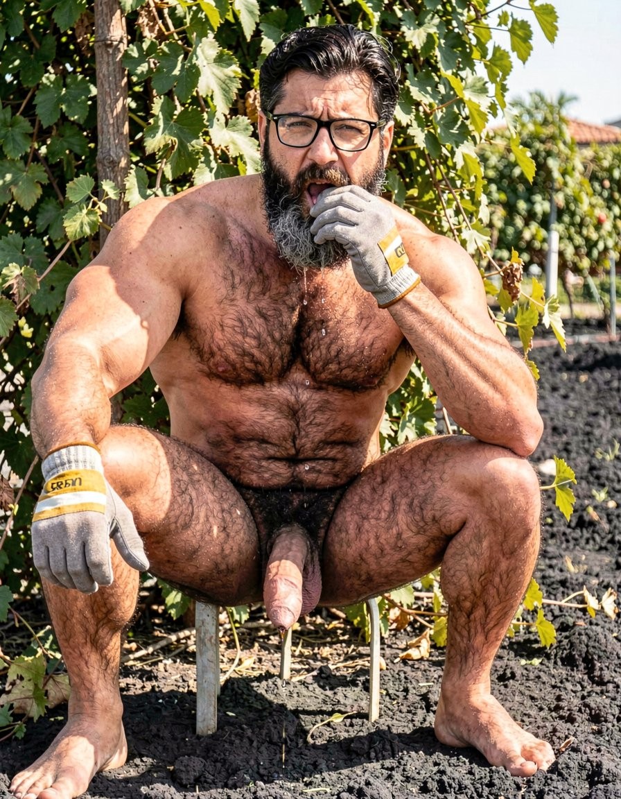 Hombre desnudo, musculoso y muy velludo, sentado en cuclillas sobre una pequeña silla entre hileras de viñedos, con las piernas abiertas y el pene visible en primer plano. Lleva gafas negras, una barba espesa canosa y guantes de trabajo grises con detalles amarillos, lo que contrasta con su desnudez y el entorno agrícola. Su expresión es seria y directa, con una mano apoyada cerca de la boca como si estuviera pensando. Alrededor aparecen hojas verdes de parra, racimos de uva y tierra oscura y seca, iluminados por una luz solar intensa que resalta el cuerpo, el vello corporal y la textura del campo.