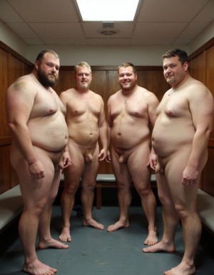 cuatro heteros en el vestuario en gayumbos que esten gordos y peludos 