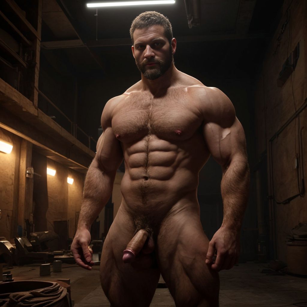 hombre desnudo pene visible en una mazmorra industrial
