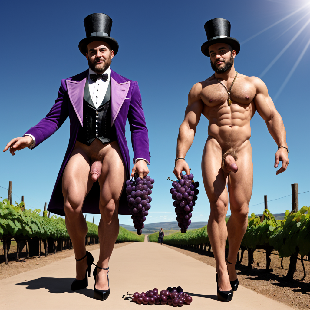 Dos hombres machos musculosos desnudos muy viriles con pene grande y testículos grandes y peludos. Caminando 10 ⛓️⛓️ 🍇 🍒 🌞 👠👠 🎩 🎩