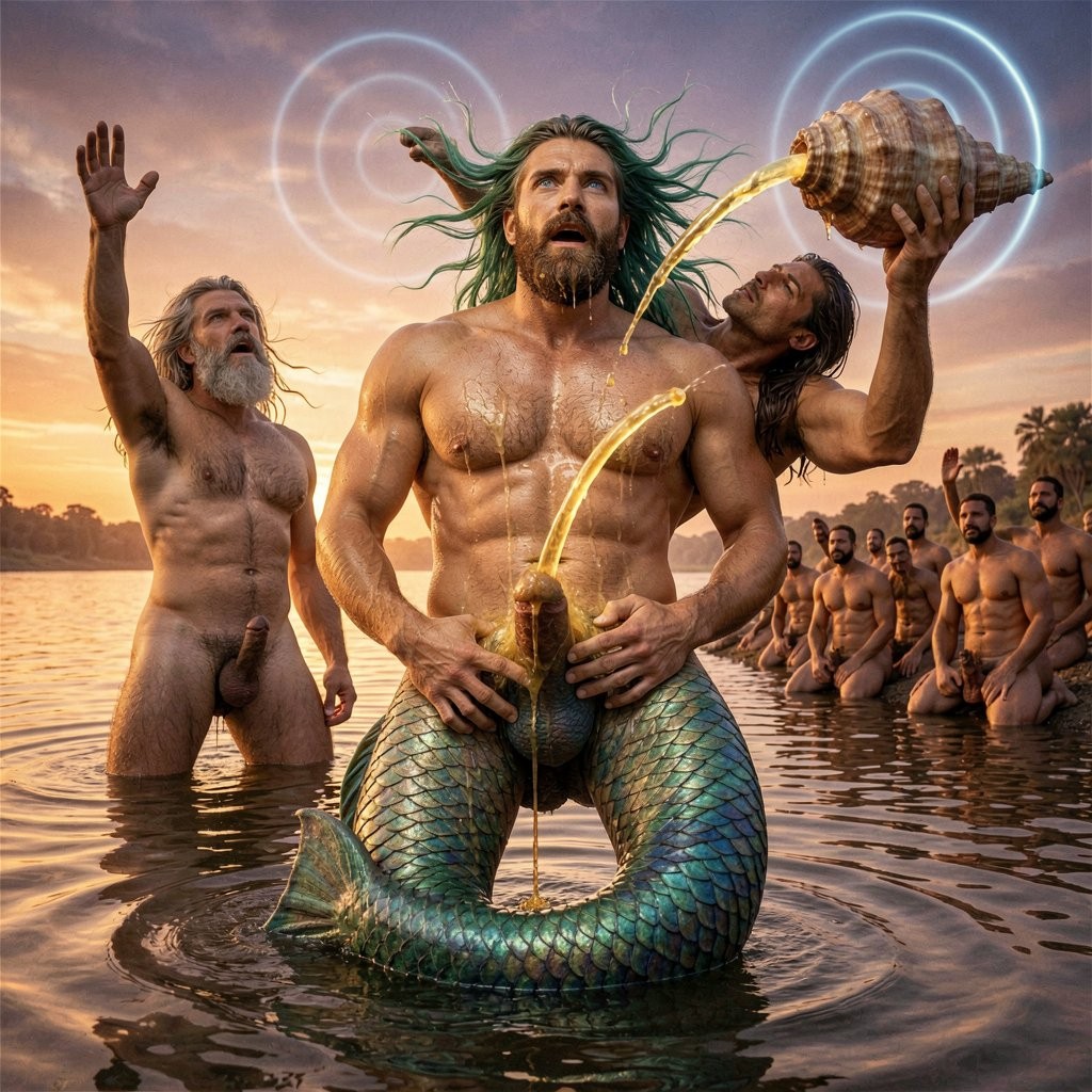 Hyperrealistic color photograph, 1938 Kodachrome style, razor-sharp focus, ZERO DISTORTIONS, ZERO WARPING, ZERO DEFORMITIES, perfect anatomical proportions, natural perspective. Cinematic wide shot, THE ETERNAL MOMENT ON THE GOLDEN NILE at sunset.

FOREGROUND CENTER — TRITON — colossal ancient sea god rising from the sacred waters. LOWER BODY: MASSIVE IRIDESCENT FISH TAIL in emerald green, sapphire blue and liquid gold scales, coiling powerfully around Errol’s thighs and waist, pinning him in place. UPPER BODY: perfectly sculpted muscular tanned torso, wet and gleaming under the dying sun, every ridge of abs and thick pectorals defined. Long flowing sea-green hair suspended mid-motion, full thick beard dripping golden droplets. Ancient deep blue-green eyes BURNING WITH ETERNAL DIVINE LUST. In his RIGHT HAND, the large spiraled conch shell raised to the heavens, emitting visible concentric rings of blue-white sound that freeze the waves forever. HIS LEFT ARM wrapped tightly around Errol’s waist, fingers digging into his hairy hip.

TRITON’S COCK — massive, uncircumcised, 30cm long and thick as a forearm, deeply veined, glistening with golden divine fluid. IT IS BURIED TO THE HILT inside Errol Neptuno’s ass, every centimeter claimed. His enormous heavy balls pressed firmly against Errol’s taint.

CENTER — ERROL NEPTUNO — 30 years old, 1.83m, completely naked, HELD in Triton’s powerful arms, legs wrapped around the god’s fish tail, fully impaled on that divine cock for eternity. HEAD THROWN BACK in permanent primal ecstasy, mouth open in a silent eternal moan. Light blue eyes rolled back showing only whites. Short messy wet dark-blonde hair frozen mid-motion. Face: wide defined jaw, prominent square chin with deep cleft, high cheekbones. BODY: VERY MUSCULAR and VERY VELLUDO — thick dark blonde-gold fur covering his entire chest, abdomen, arms, legs and back, all matted with sweat and golden river water. Abs contracted, veiny arms hanging limp.

HIS PENIS — 20cm circumcised, rock hard, heavily veined and glowing golden — shooting a permanent thick arc of cum that hangs suspended in the air like amber jewels. His large balls drawn up tight.

THE POINT OF PENETRATION — Errol’s round firm ass completely spread by the god’s tail and cock, the massive shaft disappearing inside him. A bright golden glow radiates from the stretched rim, with frozen drops of divine cum leaking around the base.

BACKGROUND LEFT — RIVERBANK — MASRI — 2.40m titan, completely naked, standing knee-deep in the golden water. His RIGHT HAND raised high in final farewell, palm open towards his son, fingers spread. Eyes of amber-gold filled with proud acceptance. Grey-streaked wild hair and beard blowing in the frozen wind. Massive muscular chest covered in thick grey-flecked body hair. His own erect 28cm uncircumcised cock hangs heavy, slick with frozen precum. He is the father delivering his son to the god, saying his eternal goodbye.

BEHIND Masri, dozens of naked Egyptian men on the shore frozen in reverence, some kneeling, cocks erect, faces locked in awe and lust.

The entire scene bathed in dramatic sunset light — deep orange, purple and molten gold reflecting on the water, on wet skin, on scales and fur. Time has stopped. The conch has frozen the world.

Triton fucking Errol Neptuno eternally. Masri waving his last goodbye. The Nile turned to liquid gold.

No deformities. Perfect anatomy. Hyperrealistic. Cinematic.