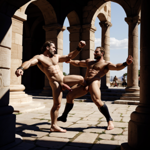 Harmodio y Aristogitón están desnudos. Tienen grandes testículos muy velludos. Luchan en la plaza medieval de Atenas. Se golpean con sus grandes penes. Son musculosos y están delgados y bronceados. Tienen mucho vello por todo el cuerpo. Harmodio levanta la pierna derecha para lanzar un golpe con su pie derecho. Aristogitón rechaza a Harmodio. ⛓️🤺🤺