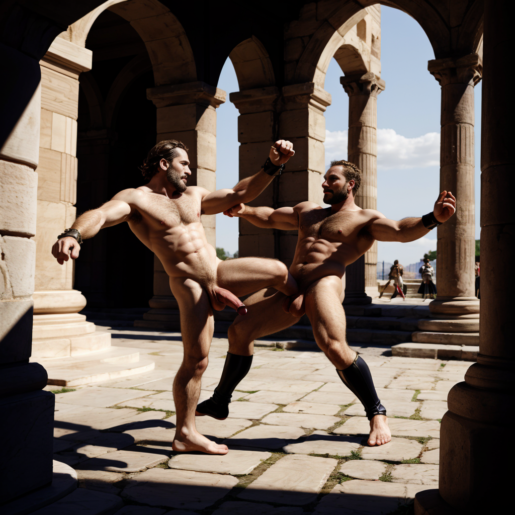 Harmodio y Aristogitón están desnudos. Tienen grandes testículos muy velludos. Luchan en la plaza medieval de Atenas. Se golpean con sus grandes penes. Son musculosos y están delgados y bronceados. Tienen mucho vello por todo el cuerpo. Harmodio levanta la pierna derecha para lanzar un golpe con su pie derecho. Aristogitón rechaza a Harmodio. ⛓️🤺🤺