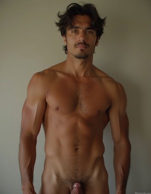 Hombre desnudo de pie frente a una pared lisa de tono beige, fotografiado de frente con luz suave y natural que resalta su torso musculado, hombros anchos, brazos definidos y abdomen marcado. Tiene el pelo oscuro, ondulado y algo despeinado, bigote y perilla corta, con una expresión seria y mirada directa a la cámara. El vello corporal aparece en el pecho, el abdomen y el pubis, y el pene queda visible en la parte inferior del encuadre. La composición es sencilla y centrada, con fondo neutro, postura erguida y estética de retrato íntimo masculino.
