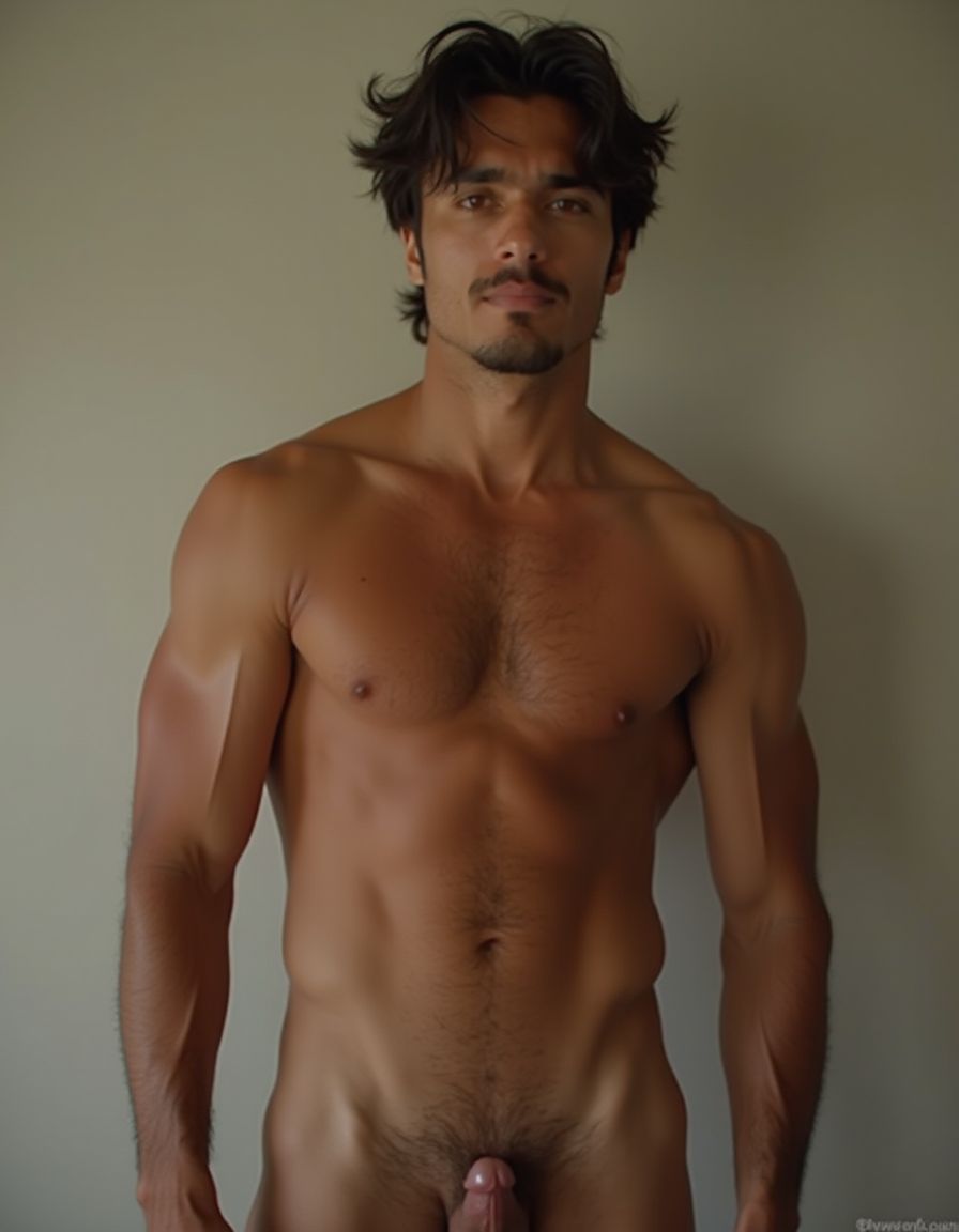 Hombre latino sexy y musculoso de 30 años con piel morena y cabello oscuro y despeinado, ojos expresivos y sonrisa sensual, torso desnudo y erecto con músculos bien definidos, piel bronceada y sudorosa, con un cuerpo atlético y una erección prominente, fondo neutro y iluminación suave que resalta la figura masculina, estilo hiperrealista con detalles de alta calidad.