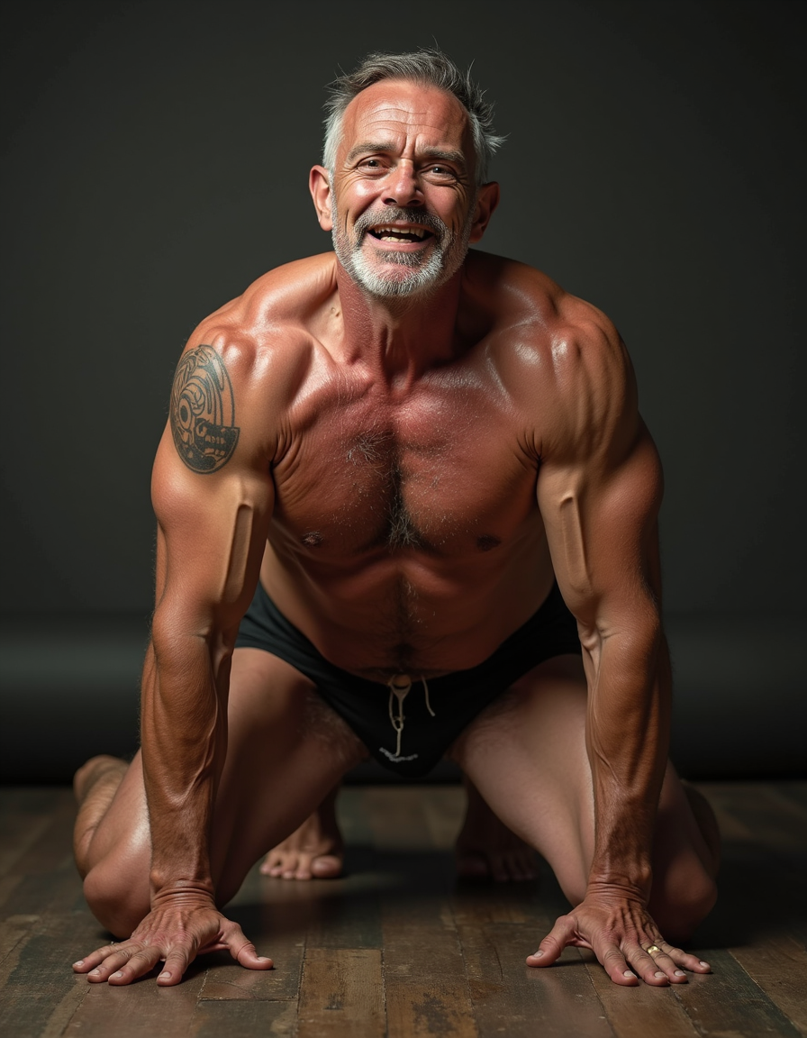 Mature and muscular man posing on all fours on a wooden floor, with his bare torso shining under studio lighting and tight black briefs. His expression is smiling and confident, with a gray beard, short gray hair, and a direct gaze at the camera. His strong arms, defined chest, visible veins in his forearms and hands, and a circular tribal tattoo on his left shoulder stand out. The low, frontal pose highlights his athletic physique, tense thighs, and the contrast between the illuminated skin and the dark background, creating an intense, intimate, male fitness portrait aesthetic.