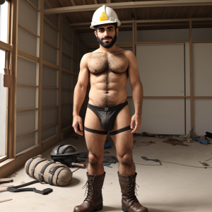 árabe, joven, velludo, sin camiseta, suspensorio, botas, caseta de obra de costrucción