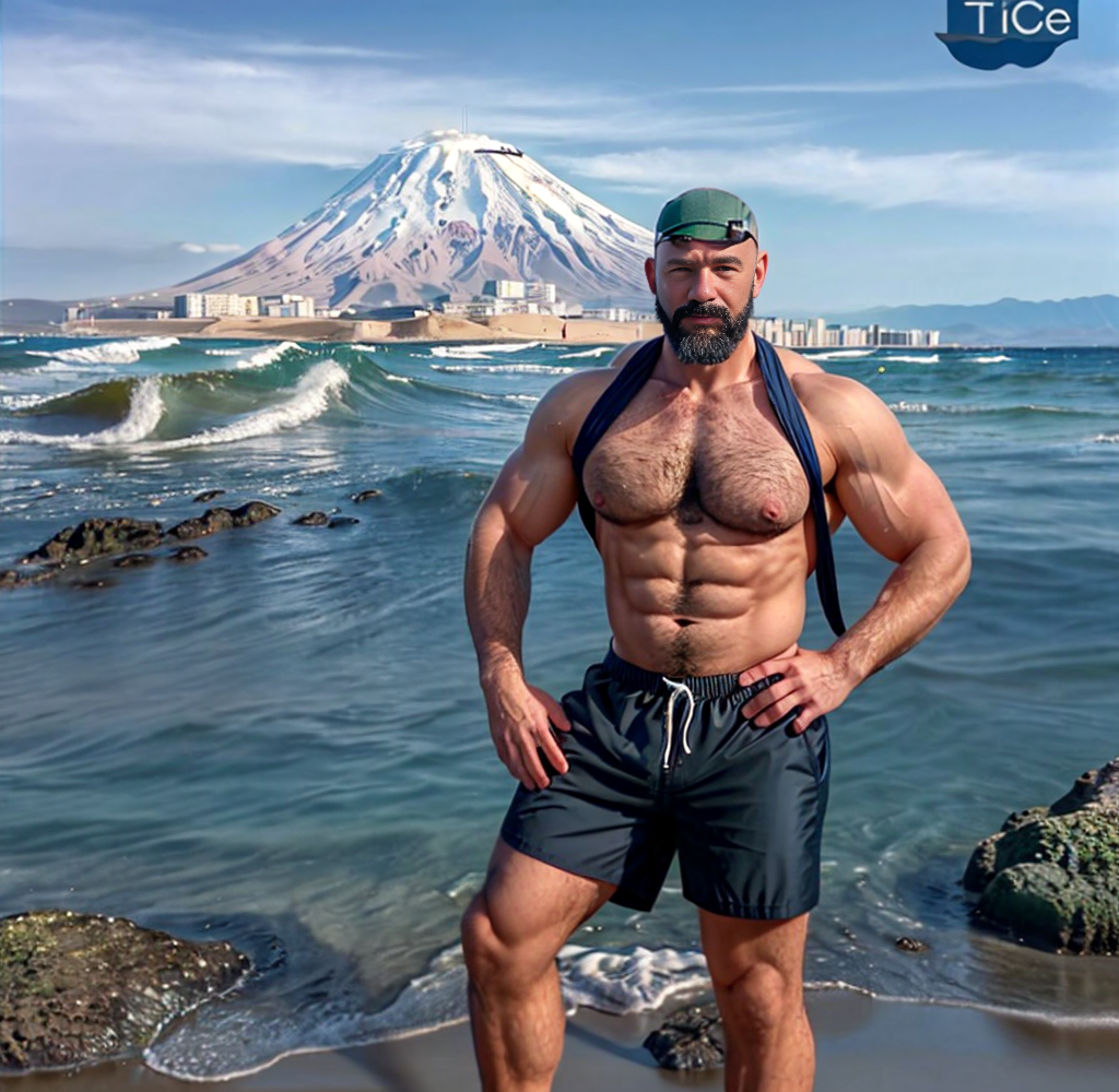 Intrépido escalador, de unos 45 años, con vello en el pecho, posa en pantalón corto delante del Monte Fuji junto al mar. 