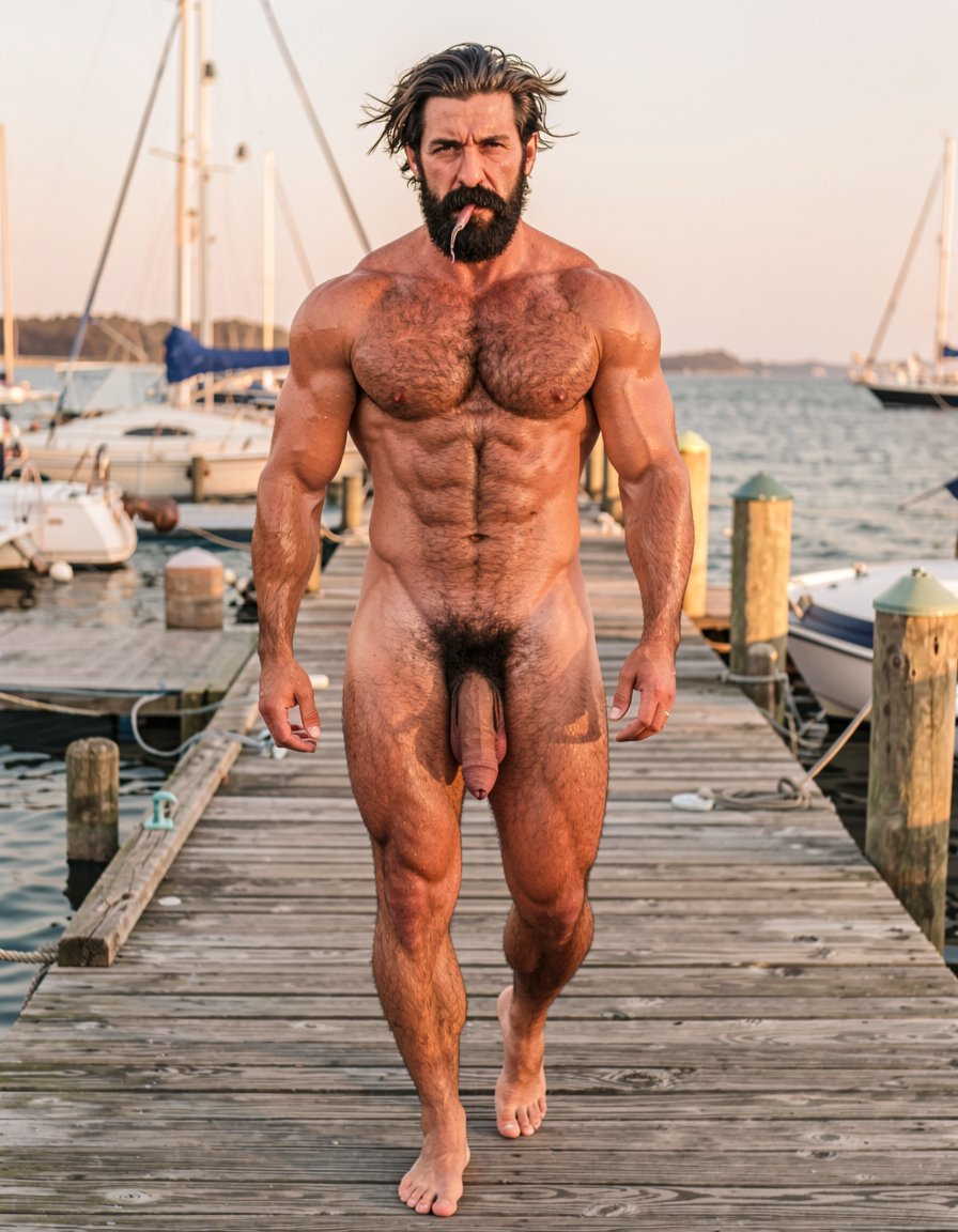 Ultra photorealistic 32k museum quality, cinematic golden hour lighting over the sea, perfect anatomy and proportions with zero distortion. Full body shot of Gayon Von Neumann walking alone along an old wooden pier at the maritime port. He is completely naked, 45 years old, 1.85m, 82kg, 4% body fat, brutally muscular and extremely hairy with thick black body hair covering his powerful chest, abs, arms and legs. Thick well-groomed black mustache, dense joined eyebrows, small intense dark eyes now dry but still slightly red. He has just wiped his tears and now looks straight ahead with a hard, arrogant and determined expression, jaw clenched. His massive 26cm thick veined cock hangs heavy and low between his powerful hairy legs, big low-hanging balls swinging with each step. Realistic wind moving his body hair, golden sunset light hitting his sweaty skin, detailed muscle definition and vascularity, hyperrealistic skin texture, maximum realism, no surrealism, no deformation.