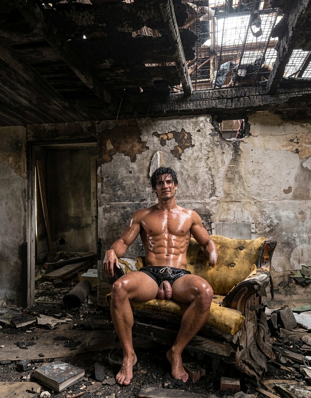 Un hombre musculoso y semidesnudo posa sentado en un sillón viejo de tapicería amarilla, con el torso brillante como mojado o aceitado, abdominales marcados y pantalón corto oscuro, dentro de una habitación abandonada y quemada. El espacio tiene paredes desconchadas, manchas de humedad, escombros por el suelo, muebles rotos y un techo parcialmente destruido con vigas calcinadas y huecos por donde entra la luz. La escena combina estética urbana decadente, ruina industrial y retrato físico intenso, con una atmósfera cruda y dramática marcada por el contraste entre el cuerpo atlético, la suciedad del entorno y la destrucción del edificio.