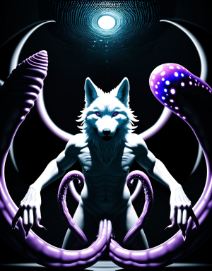Surreal sexual dimension, massive wolf creature with multiple appendages, tiny white rabbit being consumed by pleasure, reality distorting around them, flesh-like environment, tentacle-like extensions, cosmic sexual energy, abstract erotic art, dark fantasy, otherworldly scene, high contrast lighting, psychedelic colors