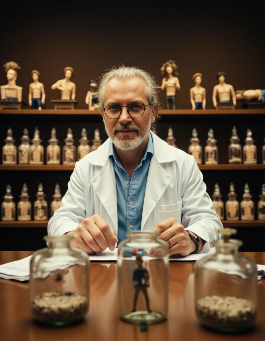 Macrofilia. Un loco profesor, viejo, loco, psicópata, con barba, con bata blanca, con cara de perverso nos muestra su colección de frascos con formol, dentro de los frascos hay hombres  reducidos a miniaturas, desnudos. El depravado profesor será detenido por la policía en breve y entregado a la justicia. 