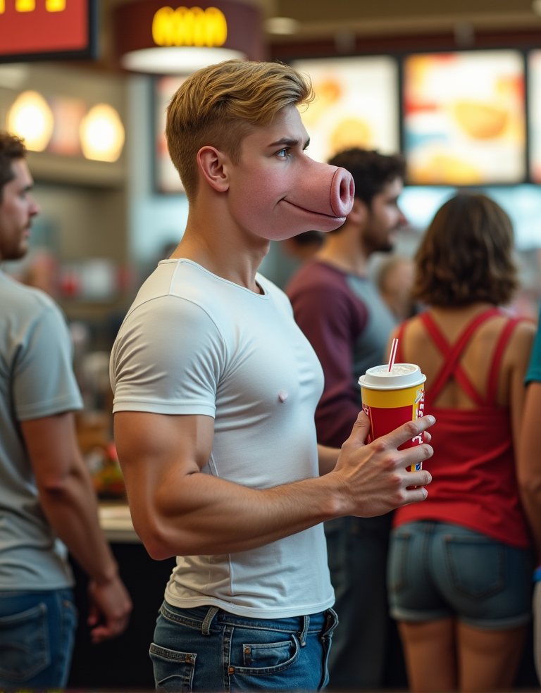 Un joven rubio de 20 años con un físico musculoso y facciones humanas, excepto por su nariz que es decerdo pero con un color de piel humana, se encuentra de pie en un McDonald's, vestido con una camiseta blanca ajustada que resalta su torso musculoso y pantalones cortos de jeans azules. Su cabello rubio es corto y peinado hacia atrás, y sus ojos azules brillan con una mirada juvenil y enérgica. La nariz de cerdo, aunque es un rasgo inusual, se integra de manera extraña con el resto de sus facciones humanas, dándole un aspecto único y llamativo. El joven sostiene una caja de comida rápida en una mano y un refresco gigante en la otra, sonriendo mientras espera en la fila para pagar. A su alrededor, los clientes del McDonald's no pueden evitar mirar su nariz de cerdo, algunos con sorpresa, otros con curiosidad, pero el joven parece estar completamente cómodo con su apariencia, disfrutando de su comida en el ambiente bullicioso del restaurante de comida rápida. La escena es hiperrealista, con detalles de alta calidad que capturan la textura de su ropa, el brillo de sus ojos y la peculiaridad de su nariz de cerdo, todo bajo la iluminación cálida y acogedora del McDonald's.