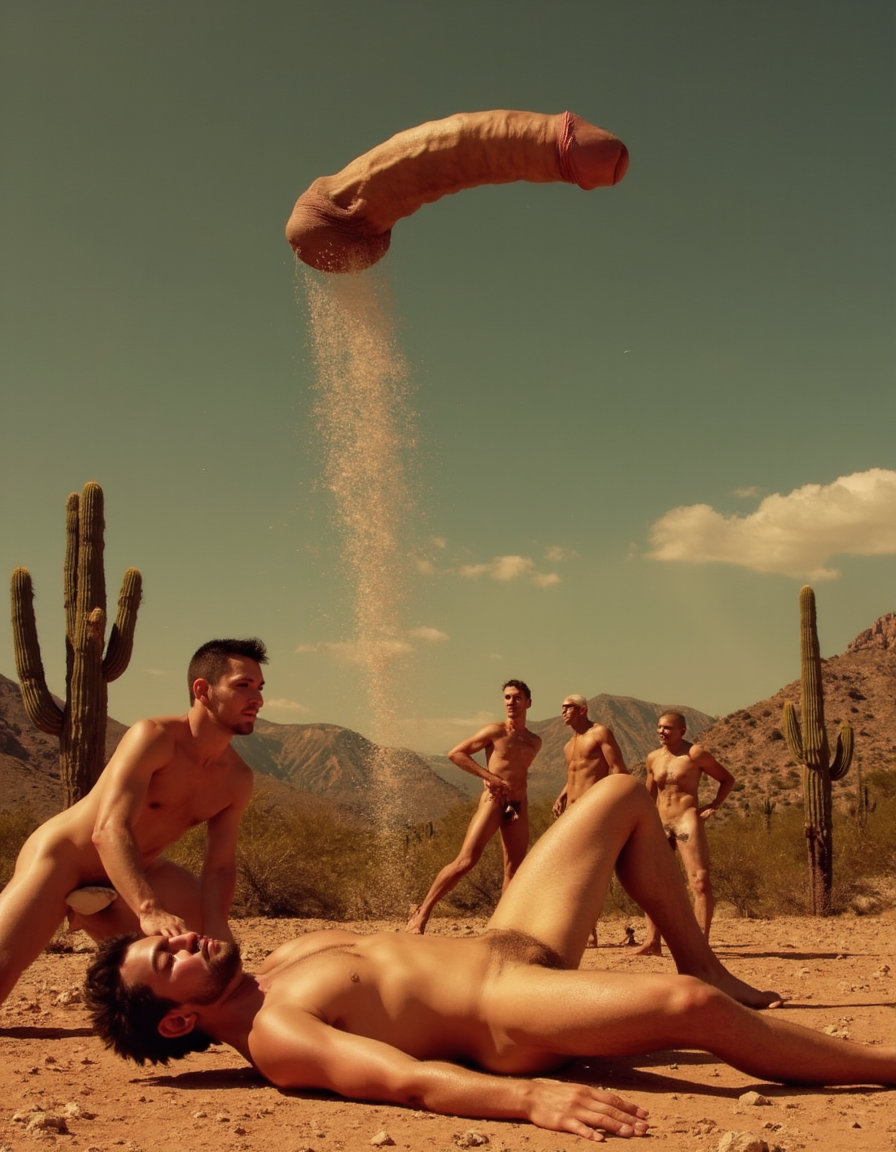 A group of naked men poses in a desert and surreal landscape, surrounded by tall cacti, arid mountains, and a greenish sky with scattered clouds. In the foreground, a man lying face up on the sand appears relaxed, while another leans close to his torso; in the background, several men standing watch the scene with a theatrical attitude. Above them floats an enormous phallic form, resembling a gigantic penis, from which a column of sand or golden dust falls to the ground, creating a strange, symbolic, and provocative atmosphere. The warm lighting, the bronzed bodies, and the dry environment reinforce a dreamlike, erotic, and cinematic aesthetic.