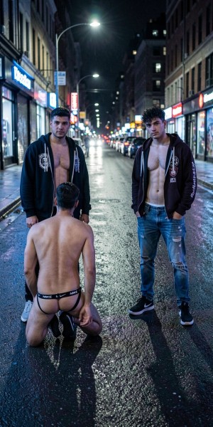 Una escena nocturna en una calle urbana mojada por la lluvia, iluminada por farolas, escaparates y luces de tráfico, con tres hombres en el centro del asfalto. Dos de ellos están de pie frente a la cámara, con sudaderas abiertas que dejan el torso desnudo, vaqueros y zapatillas, mirando con actitud seria y dominante. Entre ambos, un tercer hombre aparece arrodillado de espaldas, sin camiseta y con un jockstrap negro que deja las nalgas expuestas, inclinado ligeramente hacia delante sobre el pavimento brillante. El ambiente transmite una estética callejera, provocadora y sexualizada, con edificios altos, coches desenfocados al fondo y reflejos de neón que refuerzan el tono urbano, nocturno e intenso.