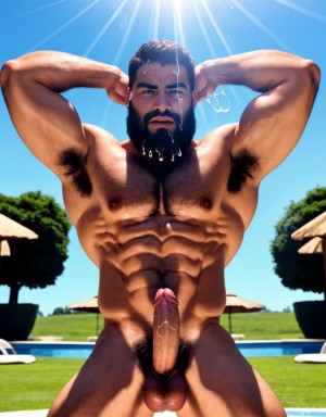 Dos hombres de 20 años se pelean a puñetazos. Tienen barba. Es muy viril, con mucho vello en pecho pectorales y vello en brazos y axilas y pubis. Tiene pene grande en erección y con esperma chorreando, saliendo eyaculando semen liquido blanco. Tiene el esfínter del ano muy abierto e iluminado por la luz del Sol.