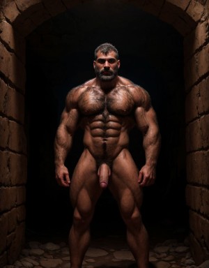 Tres hombres velludos desnudos en una mazmorra, (( visible dick)), ( militar clothes )