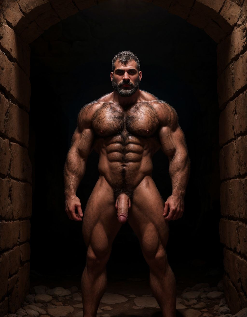 Tres hombres velludos desnudos en una mazmorra, (( visible dick)), ( militar clothes )