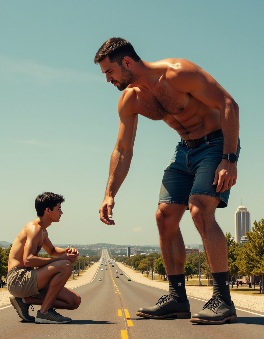 Un hombre musculoso y sin camiseta aparece agigantado sobre una amplia avenida urbana, inclinado hacia delante como si interactuara con otro hombre mucho más pequeño que está en cuclillas sobre el asfalto. El gigante lleva pantalones cortos vaqueros, calcetines negros, zapatillas oscuras y un reloj inteligente, con el torso marcado por abdominales, pecho velludo y brazos definidos iluminados por el sol. El hombre pequeño, también sin camiseta, viste pantalones cortos beige y zapatillas, mirando hacia arriba en una escena de escala surrealista. La carretera recta, con líneas amarillas, coches diminutos, árboles, aceras y edificios al fondo bajo un cielo despejado, refuerza la sensación de perspectiva extrema, ciudad veraniega y fantasía visual.