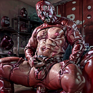 Un hombre musculoso con estética fetichista lleva una máscara de gas roja brillante con lentes circulares y una capucha de látex, sentado con las piernas abiertas en un entorno industrial lleno de estanterías, cascos y equipamiento. Su torso desnudo muestra abdominales marcados, pezones visibles y venas resaltadas, mientras brazos, muslos y cintura están cubiertos por prendas ajustadas de látex rojo con acabado húmedo y reflectante. En la entrepierna aparece un arnés oscuro que sujeta y enmarca el pene, reforzando el aspecto BDSM, de dominación y ropa de goma. La escena tiene iluminación dramática, tonos granate y metálicos, y una atmósfera de taller o mazmorra con estética cyberpunk, erótica y surrealista.