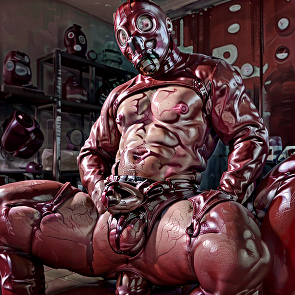 Hombre transgénero con cuerpo femenino hormonado, vistiendo pantys de color carne con apertura, pene grande encerrado en jaula de castidad goteando semen, introduciendo plug anal enorme y ancho, body de latex y sensual, mascarilla de latex de gas rojo, atmósfera sensual y provocativa.