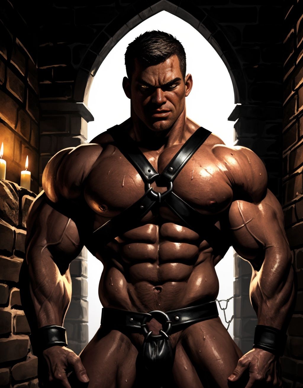 Hombre musculoso con arnés de cuero negro, bondage ajustado, atado con cadenas a una pared de ladrillo en una mazmorra gótica oscura, iluminada por velas, con sombras intensas, ropa interior rota, piel sudorosa, mirada intensa, ambiente tenso y erótico.