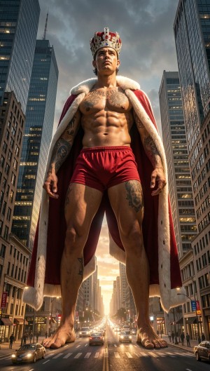 A gigantic, muscular man appears like a colossal king in the middle of an urban avenue flanked by skyscrapers, shirtless, with sharply defined abs and visible tattoos on his arms, chest, and thighs. He wears a golden crown with red stones, a red cape with white ermine lining, and red briefs or shorts, while standing barefoot on the asphalt among tiny cars and traffic lights. The scene has an epic, cinematic tone, with a low-angle perspective, cloudy sky, golden light in the background, and a modern city that reinforces the feeling of power, fantasy, urban royalty, and monumental scale.
