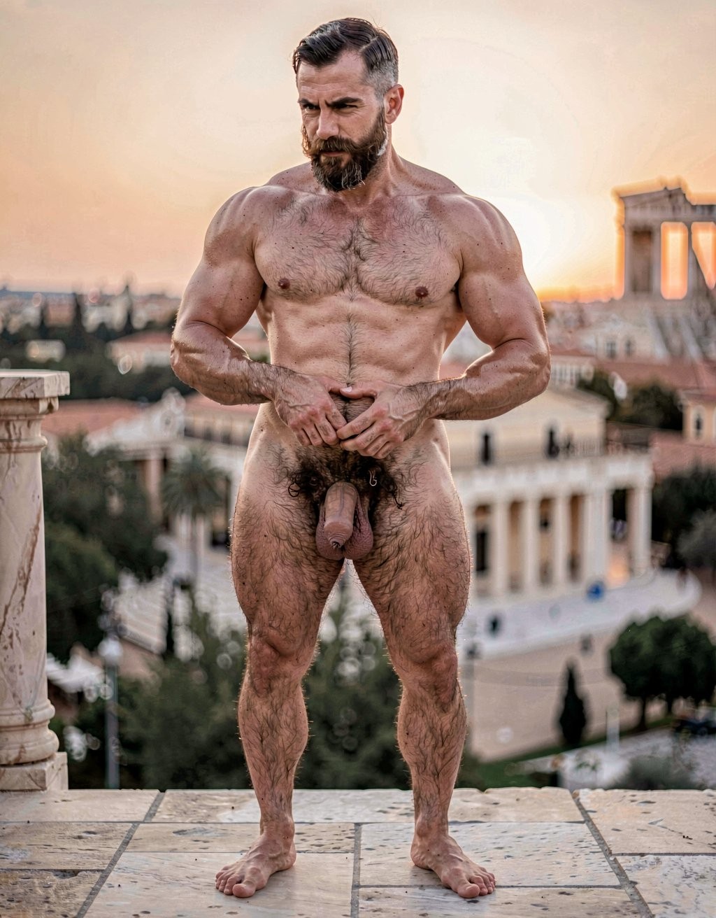 Pericles. A hyper-realistic full-body portrait of completely naked Pericles at 35 years old standing tall under the warm golden light of an Athenian sunset, as if Phidias had carved him from warm living marble and breathed life into him. Perfectly proportioned athletic body, 172 cm, 75 kg, 5% body fat, imposing and dignified presence. Elongated “onion-shaped” skull, short dark brown military-cut hair with silver at the temples, short dense well-groomed dark brown beard and finer trimmed mustache framing a stern aristocratic face with deep-set intense brown eyes. Strong muscular neck, broad rounded shoulders, powerful hairy pectorals with vertical dark trail, small dark hardened nipples, sharply defined abdomen with thick treasure trail leading to a dense curly dark pubic bush. His thick 22 cm erect penis with a slight upward curve, prominent veins along the darker shaft and flushed glans. Pericles is actively masturbating, sliding his right hand up and down the shaft with a steady rhythm. He grips his penis in a precise cylindrical hold: the index, middle, ring and pinky fingers of his right hand curved naturally around the lower perimeter on the front side of the shaft, slightly separated and perfectly adapting to its contour; the thumb positioned on the opposite rear side, also curved naturally around the lower perimeter, pressing gently to secure the grip. The hand conforms perfectly to the cylindrical shape with realistic finger placement and natural joint flexion. Heavy low-hanging testicles, firm round muscular ass, powerful veiny legs covered in dark hair, large masculine feet with the second toe slightly longer. Ultra-detailed skin texture, visible veins and subtle sweat sheen, razor-sharp anatomy, soft warm golden side lighting that sculpts every muscle and hair follicle, museum-quality historical sensual realism, softly blurred Acropolis at sunset in the background.